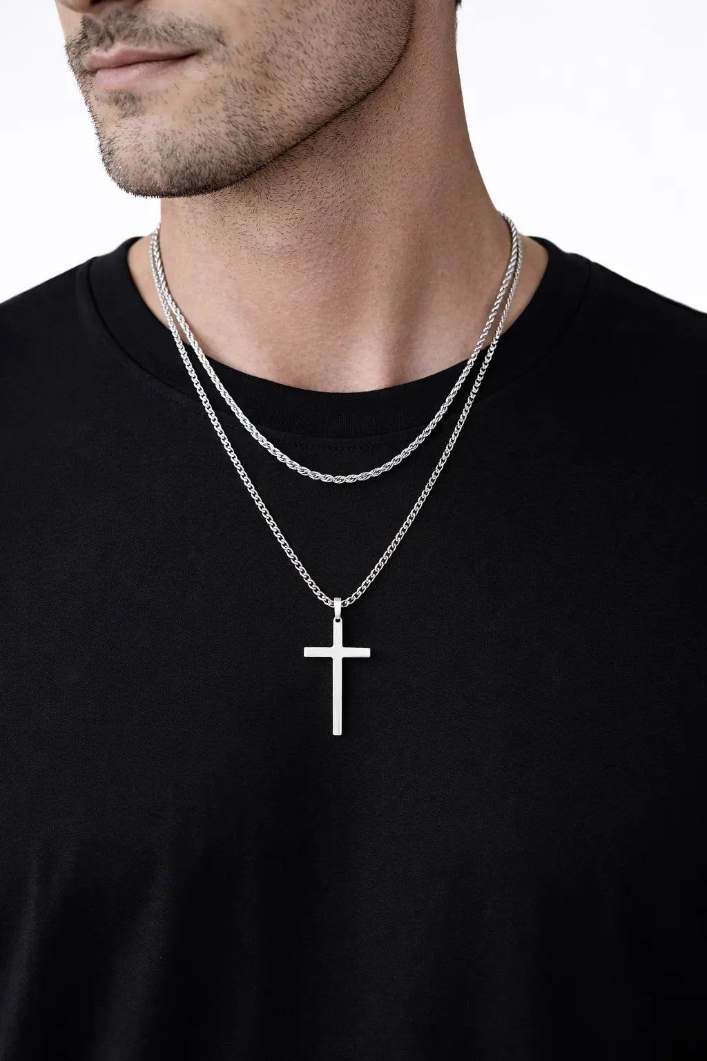Collier Croix Homme – Chaîne Double Torsadée & Maille Plate en Acier Inox Argenté - SoulRing